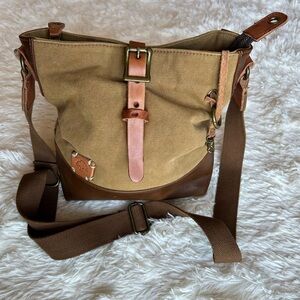 Brown and Tan Canvas Messenger Bag with Adjustable Strap